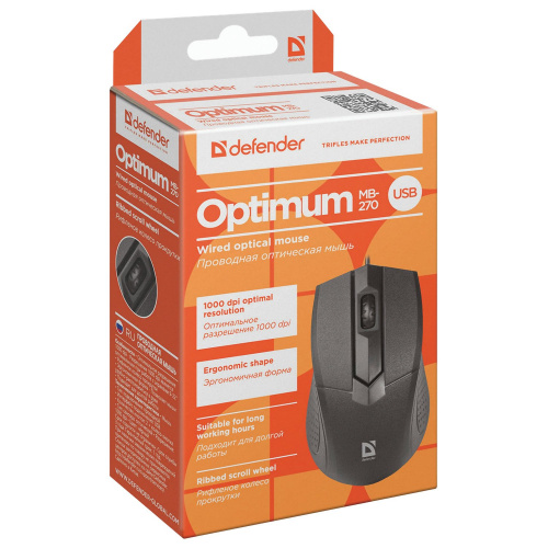 Мышь проводная DEFENDER Optimum MB-270, USB, 2 кнопки, 1 колесо-кнопка, черная фото 7
