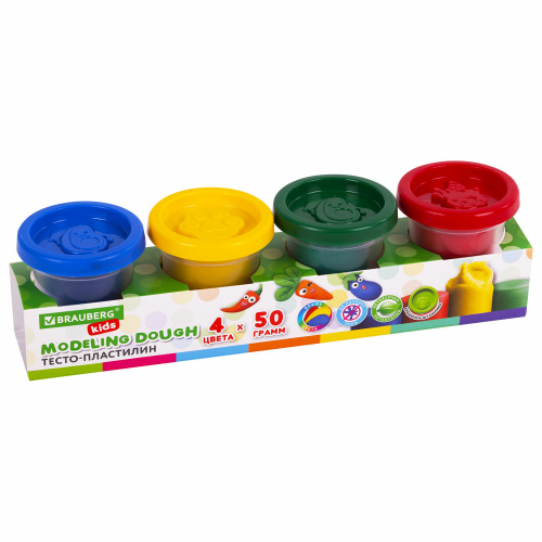 Пластилин-тесто для лепки BRAUBERG KIDS, 4 цвета, 200 г, яркие классические цвета, крышки-штампики фото 6