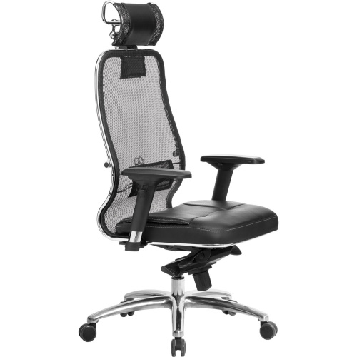 Кресло офисное МЕТТА "SAMURAI" SL-3.04, с подголовником, сверхпрочная ткань-сетка/кожа, черное фото 3