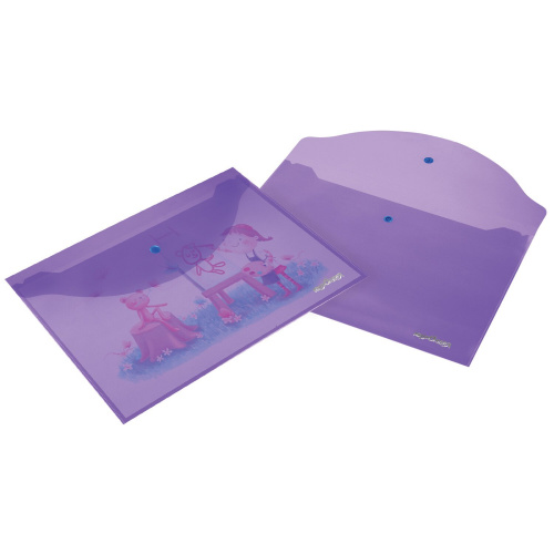 Папка-конверт с кнопкой ЮНЛАНДИЯ, А4, до 100 листов, 0,18 мм, прозрачная, фиолетовая фото 5
