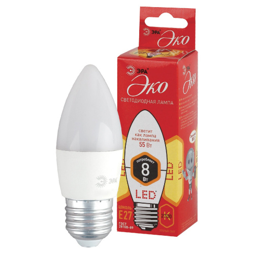 Лампа светодиодная ЭРА, 8(55)Вт, цоколь Е27, свеча, теплый белый, 25000 ч