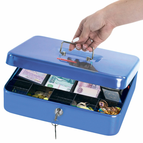 Ящик для денег, ценностей, документов, печатей BRAUBERG, 90х240х300 мм, ключевой замок, синий фото 5