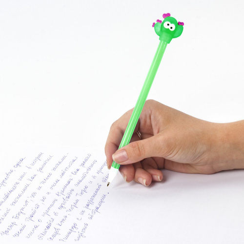 Ручка с топпером шариковая ЮНЛАНДИЯ "Цветущий кактус", корпус ассорти, пишущий узел 0,7 мм, синяя фото 3