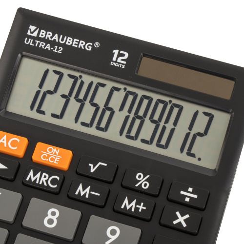 Калькулятор настольный BRAUBERG, 192x143 мм, 12 разрядов, двойное питание, черный фото 7