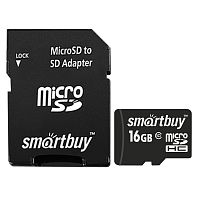 Карта памяти SMARTBUY, microSDHC, 16 GB, 10 Мб/сек., с адаптером