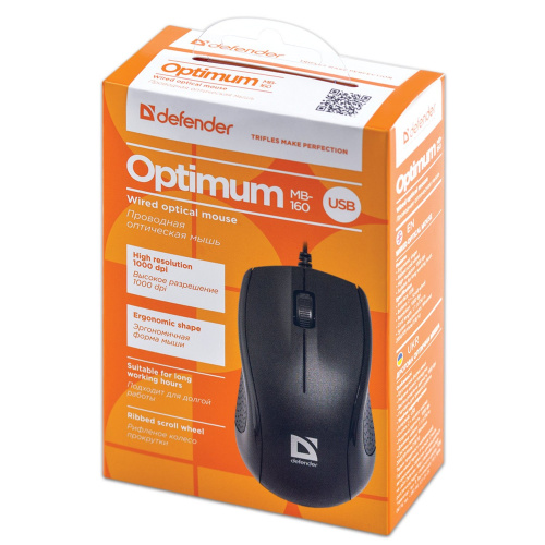 Мышь проводная DEFENDER Optimum MB-160, USB, 2 кнопки, 1 колесо-кнопка, оптическая, черная фото 5