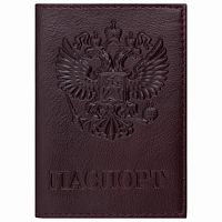 Обложка для паспорта BRAUBERG "Герб", натуральная кожа, темно-бордовая