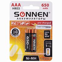Батарейки аккумуляторные SONNEN, AAA, 2 шт., 650 mAh, в блистере