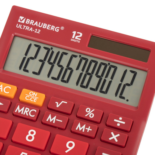 Калькулятор настольный BRAUBERG , 192x143 мм, 12 разрядов, двойное питание, бордовый фото 2