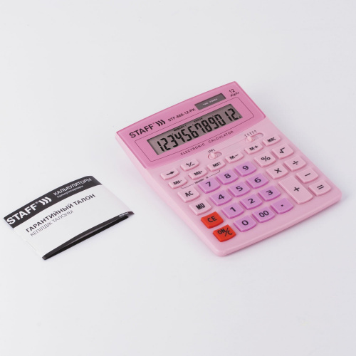 Калькулятор настольный STAFF, 200х150 мм, 12 разрядов, двойное питание, розовый фото 7