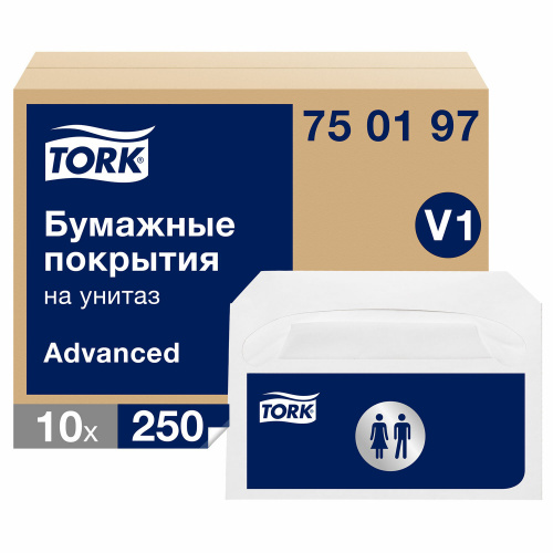 Покрытия на унитаз TORK (Система V1), 1/2 сложения, КОМПЛЕКТ 250 шт., 37х41 см, Advanced, белые, 750197 фото 2
