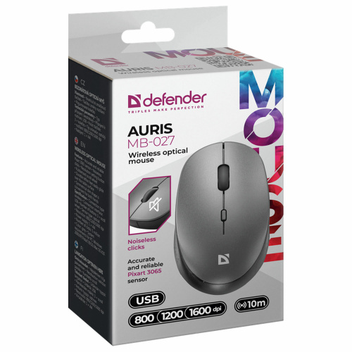Мышь беспроводная DEFENDER Auris MB-027, USB, 3 кнопки + 1 колесо-кнопка, оптическая, серая, 52029 фото 2