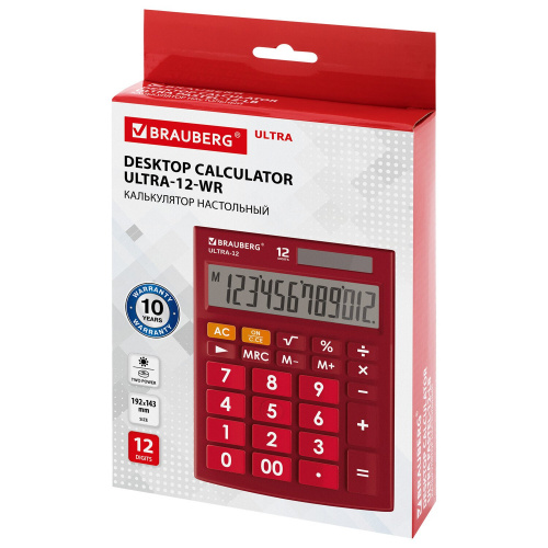 Калькулятор настольный BRAUBERG , 192x143 мм, 12 разрядов, двойное питание, бордовый фото 9
