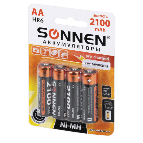 Батарейки аккумуляторные Ni-Mh пальчиковые КОМПЛЕКТ 4 шт., АА (HR6) 2100 mAh, SONNEN, 455606 фото 4
