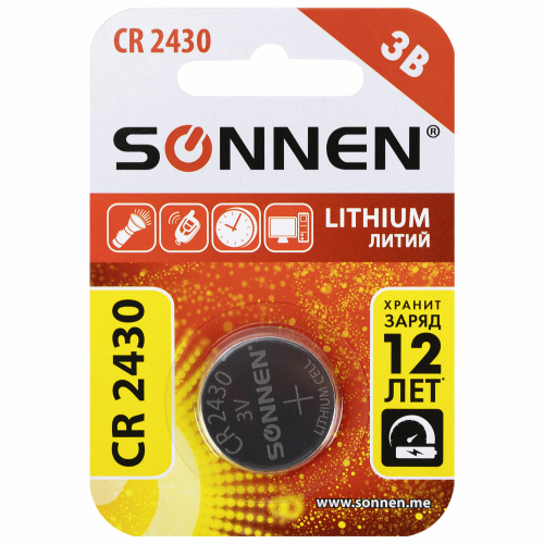 Батарейка литиевая CR2430 1 шт. "таблетка, дисковая, кнопочная" SONNEN Lithium, в блистере, 455600 фото 6