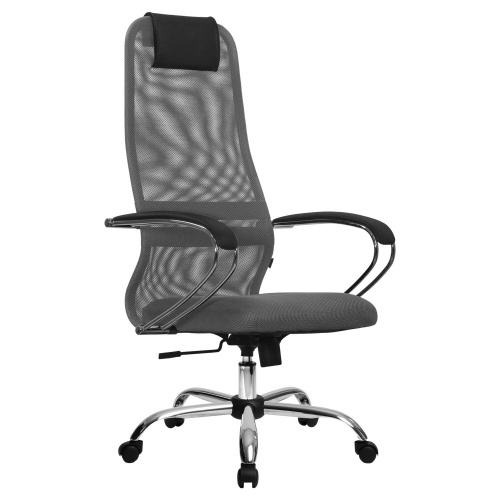 Кресло офисное МЕТТА "SU-B-8" хром, ткань-сетка, сиденье мягкое, светло-серое фото 8