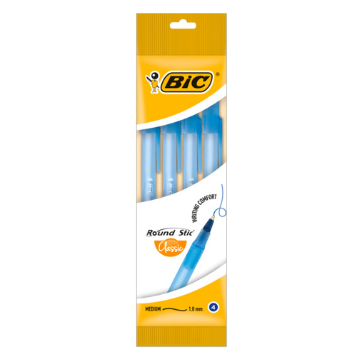 Ручки шариковые BIC "Round Stic", 4 шт., узел 1 мм, линия письма 0,32 мм, пакет, синие