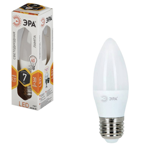 Лампа светодиодная ЭРА, 7 (60) Вт, цоколь E27, "свеча", теплый белый свет, 30000 ч.