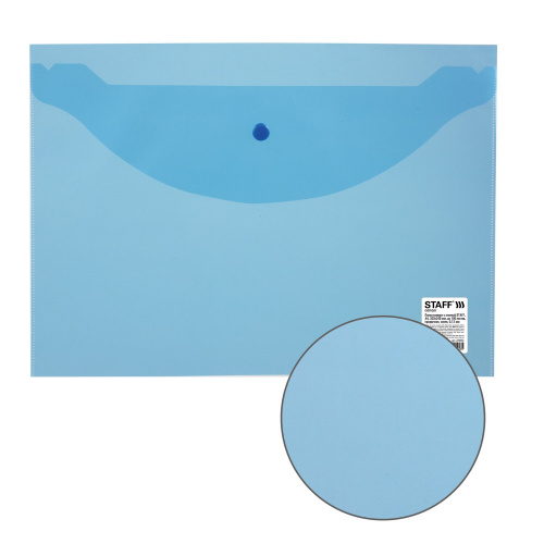 Папка-конверт с кнопкой STAFF, А4, до 100 листов, прозрачная, синяя фото 6