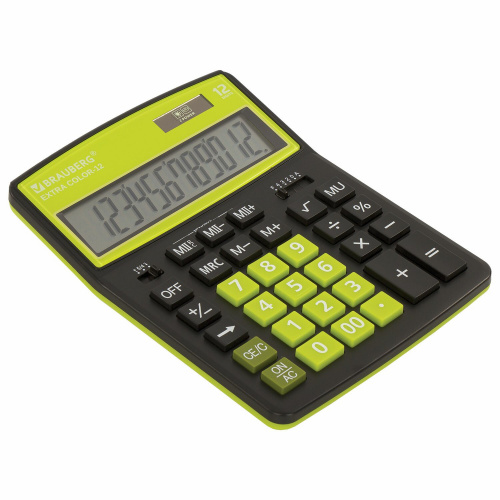 Калькулятор настольный BRAUBERG, 206x155 мм, 12 разрядов, двойное питание, черно-салатовый фото 10