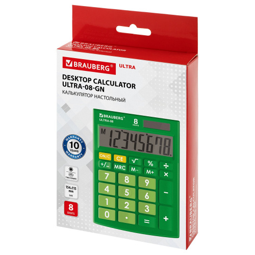 Калькулятор настольный BRAUBERG, 154x115 мм, 8 разрядов, двойное питание, зеленый фото 9