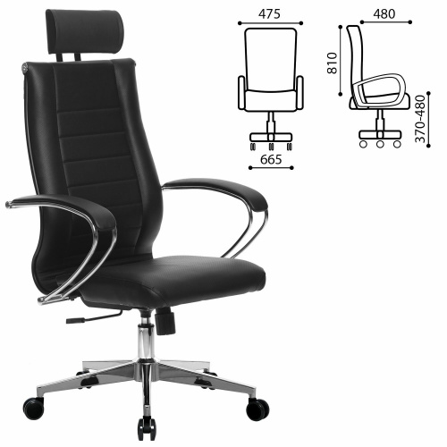 Кресло офисное МЕТТА "К-33" хром, рецик. кожа, подголовник, сиденье и спинка мягкие, черное фото 5