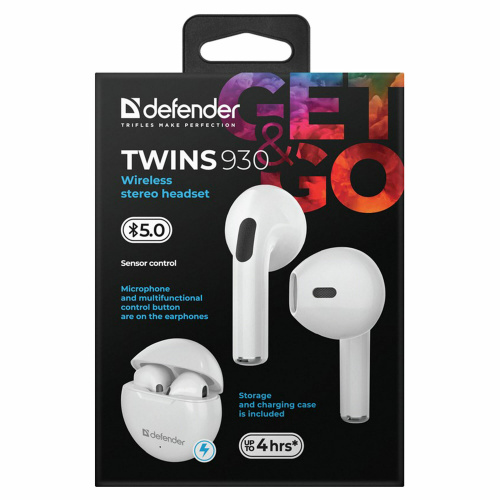Наушники с микрофоном (гарнитура) DEFENDER TWINS 930, Bluetooth, беспроводные, белые,, 63931 фото 2