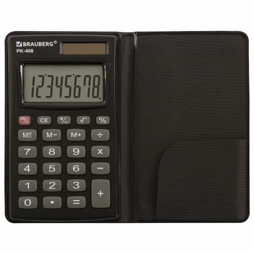 Калькулятор карманный BRAUBERG, 97x56 мм, 8 разрядов, двойное питание, черный фото 5