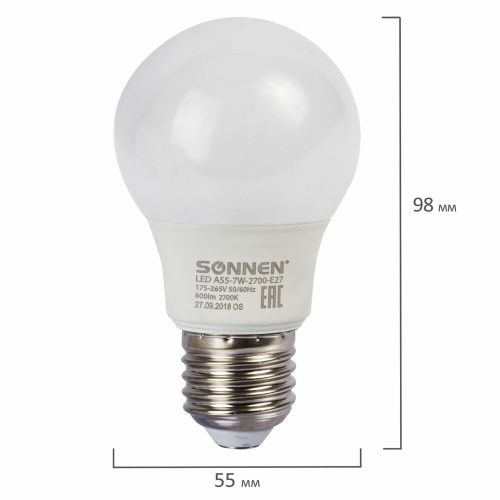 Лампа светодиодная SONNEN, 7 (60) Вт, цоколь E27, грушевидная, теплый белый свет, 30000 ч фото 4