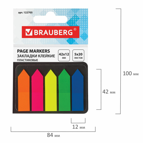 Закладки клейкие BRAUBERG, пластиковые, 42х12 мм, 5 цв., 20 л., в картонной книжке фото 6
