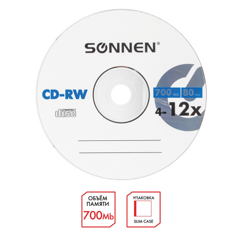 Диск CD-RW SONNEN, 700 Mb, 4-12x, Slim Case фото 4