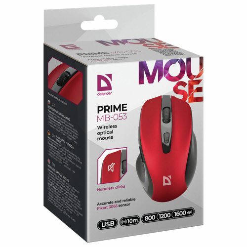 Мышь беспроводная DEFENDER Prime MB-053, USB, 5 кнопок + 1 колесо-кнопка, оптическая, красная, 52052 фото 3