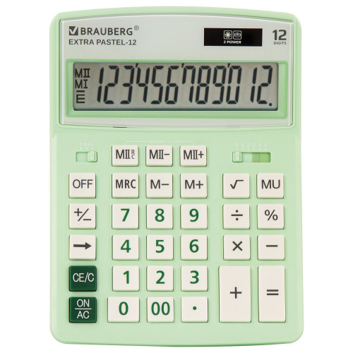 Калькулятор настольный BRAUBERG, 206x155 мм, 12 разрядов, двойное питание, мятный
