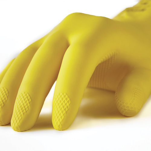 Перчатки латексные MANIPULA "Блеск", хлопчатобумажное напыление, размер 9-9,5 (L), желтые фото 2