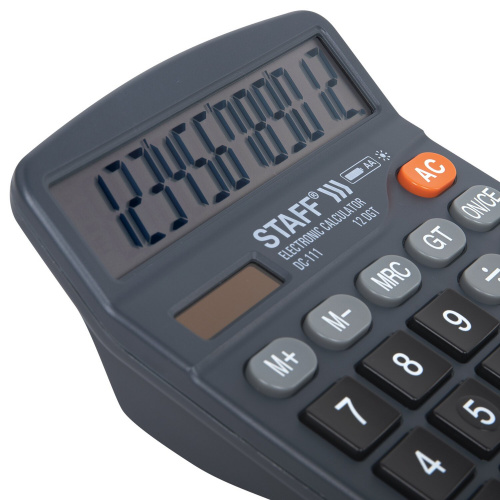 Калькулятор настольный STAFF, 180x145 мм, 12 разрядов, батарейка АА, двойное питание фото 6