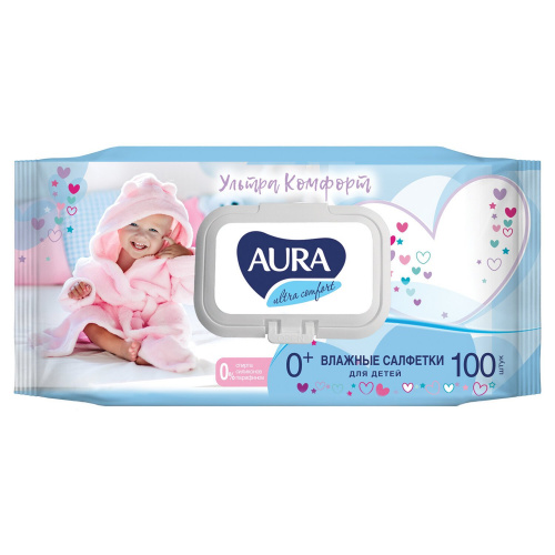 Салфетки влажные AURA "Ultra comfort", 100 шт., для детей, гипоаллерген., без спирта, крышка-клапан