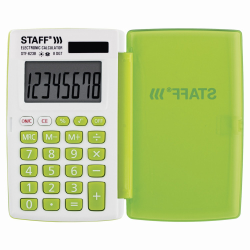 Калькулятор карманный STAFF, 104х63 мм, 8 разядов, двойное питание, белый с зелеными кнопки фото 3