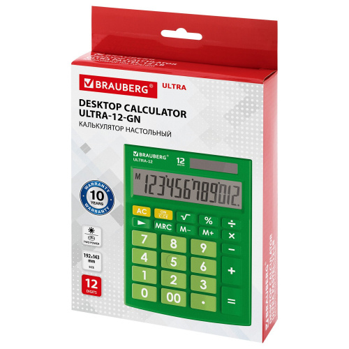 Калькулятор настольный BRAUBERG, 192x143 мм, 12 разрядов, двойное питание, зеленый фото 6