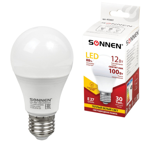 Лампа светодиодная SONNEN, 12 (100) Вт, цоколь Е27, груша, теплый белый свет, 30000 ч фото 2