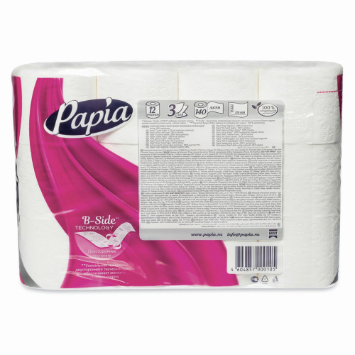 Бумага туалетная PAPIA бытовая, спайка 12 шт., 3-слойная (12х16,8 м), белая фото 5
