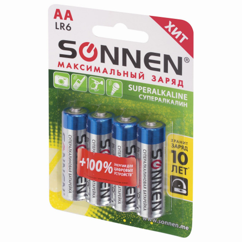 Батарейки SONNEN Super Alkaline, АА, 4 шт., алкалиновые, пальчиковые, блистер фото 3
