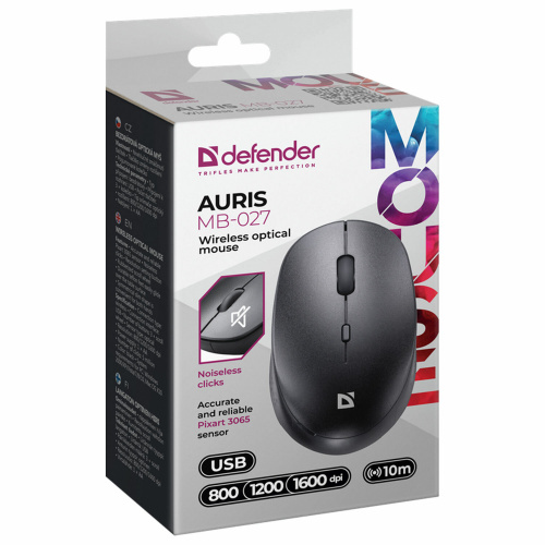 Мышь беспроводная DEFENDER Auris MB-027, USB, 3 кнопки + 1 колесо-кнопка, оптическая, черная, 52027 фото 5