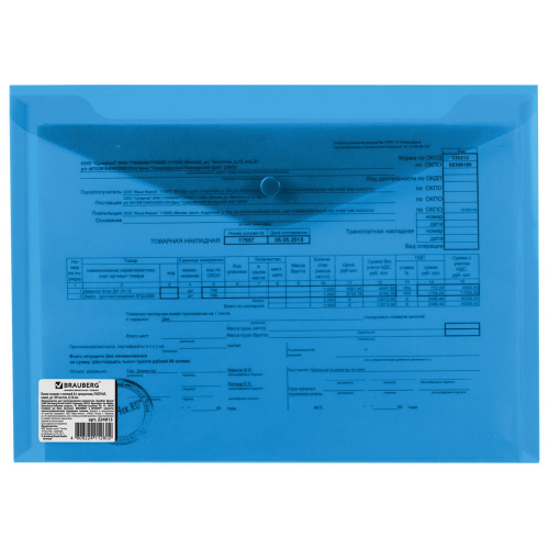 Папка-конверт с кнопкой BRAUBERG, А4, до 100 листов, прозрачная, синяя фото 7