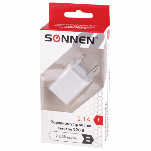 Зарядное устройство сетевое SONNEN, 220 В, 2 порта USB, выходной ток 2,1 А, белое фото 8