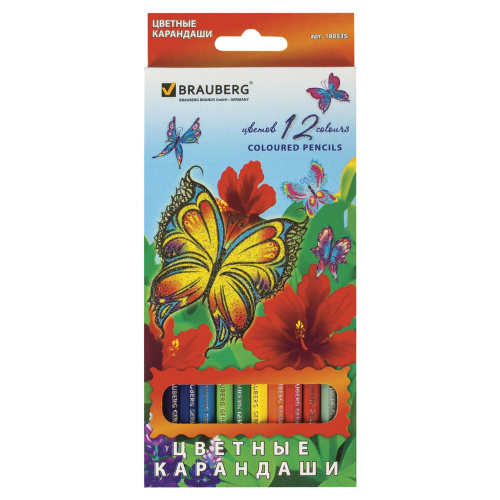 Карандаши цветные BRAUBERG "Wonderful butterfly", 12 цветов, заточенные, картонная упаковка