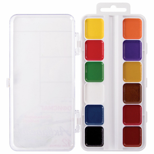 Краски акварельные школьные ОФИСМАГ, 12 цветов, медовые, без кисти, пластиковая коробка фото 2