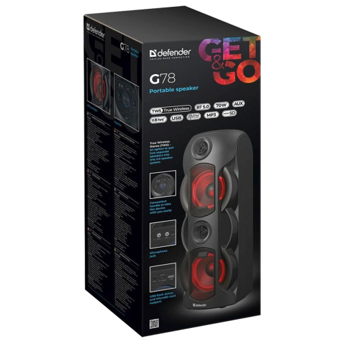 Колонка портативная DEFENDER G78, 2.0, 70 Вт, Bluetooth, FM-тюнер, microSD, чёрная фото 3