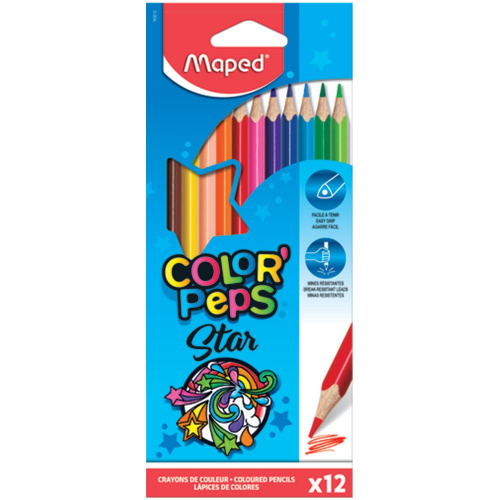 Карандаши цветные MAPED "Color'Peps Star", 12 цветов, трехгранные, заточенные, европодвес