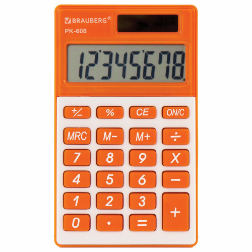 Калькулятор карманный BRAUBERG, 107x64 мм, 8 разрядов, двойное питание, оранжевый фото 6