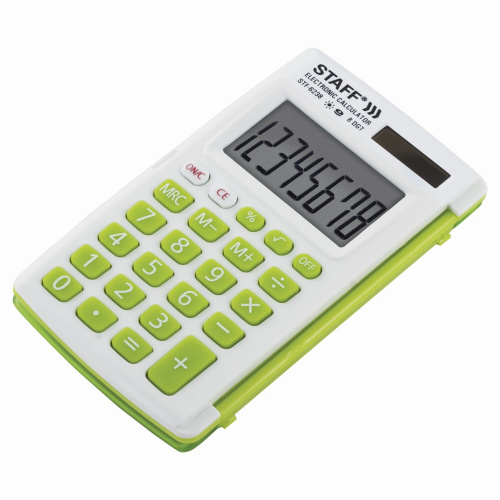 Калькулятор карманный STAFF, 104х63 мм, 8 разядов, двойное питание, белый с зелеными кнопки фото 10